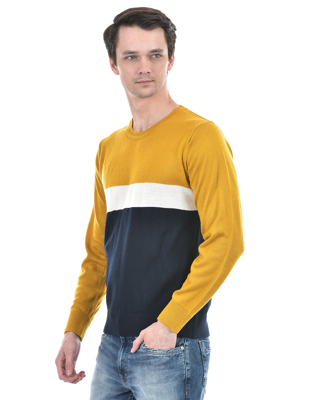 Numero Uno Men Color Block Mustard Sweater